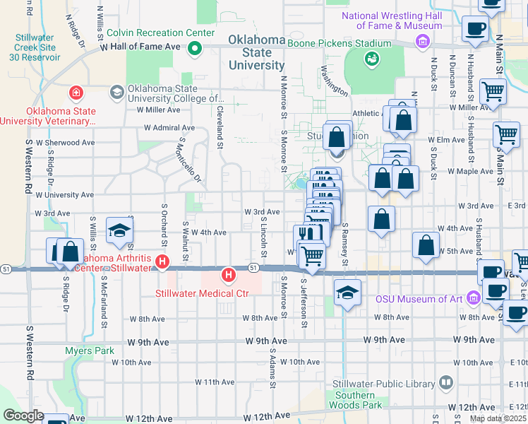 map of restaurants, bars, coffee shops, grocery stores, and more near West 3rd Avenue in Stillwater