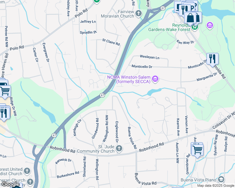 map of restaurants, bars, coffee shops, grocery stores, and more near 3561 Buena Vista Road in Winston-Salem