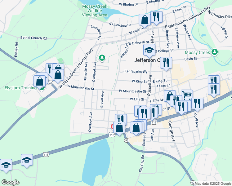 map of restaurants, bars, coffee shops, grocery stores, and more near 758 West Ellis Street in Jefferson City