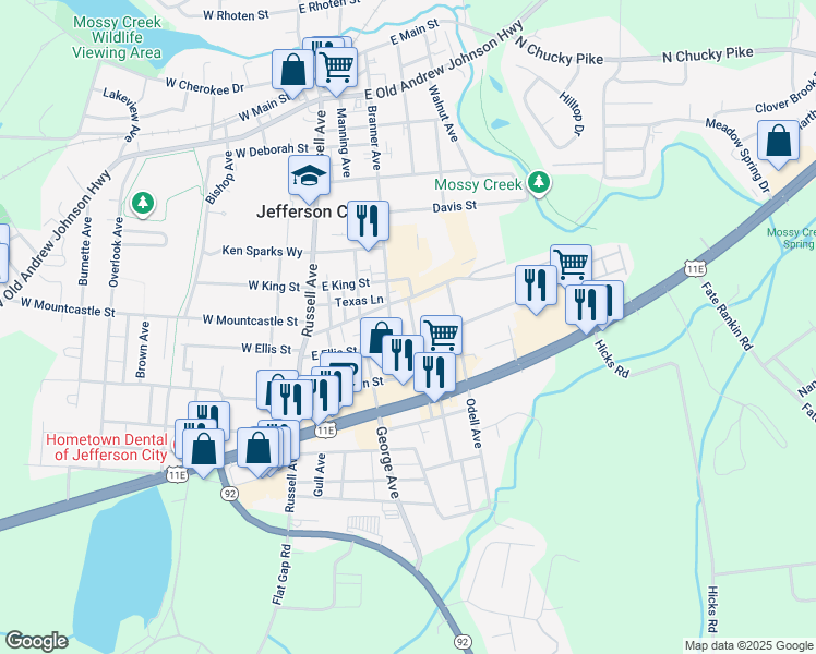 map of restaurants, bars, coffee shops, grocery stores, and more near 1607 Pearl Avenue in Jefferson City