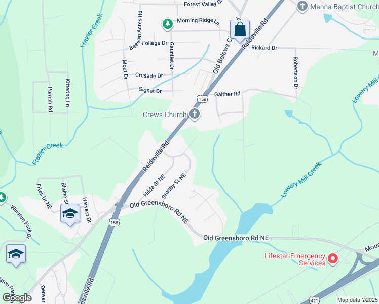 map of restaurants, bars, coffee shops, grocery stores, and more near 4070 Granby Street Northeast in Winston-Salem