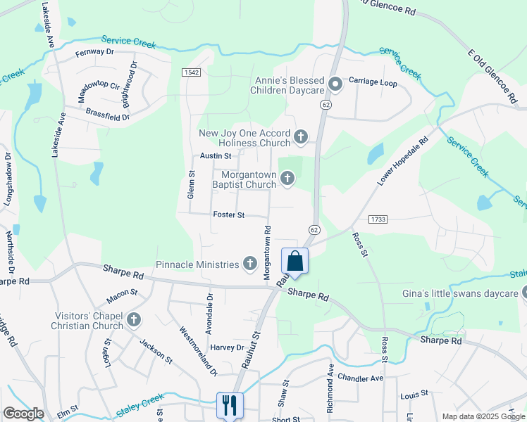 map of restaurants, bars, coffee shops, grocery stores, and more near 1607 Morgantown Road in Burlington