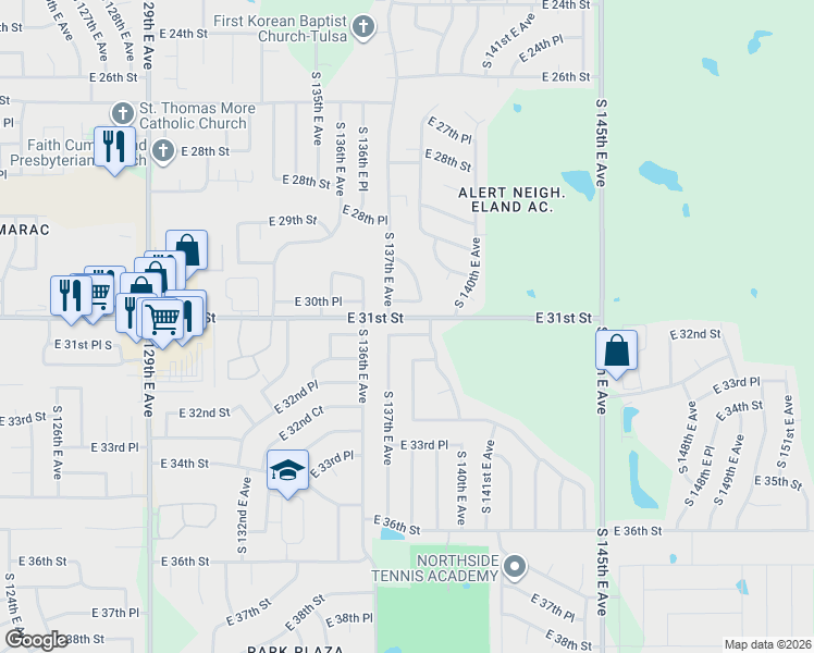 map of restaurants, bars, coffee shops, grocery stores, and more near 13723 East 31st Place South in Tulsa