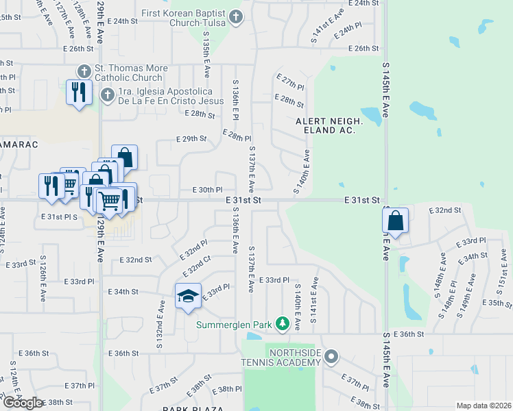 map of restaurants, bars, coffee shops, grocery stores, and more near 13723 East 31st Place South in Tulsa