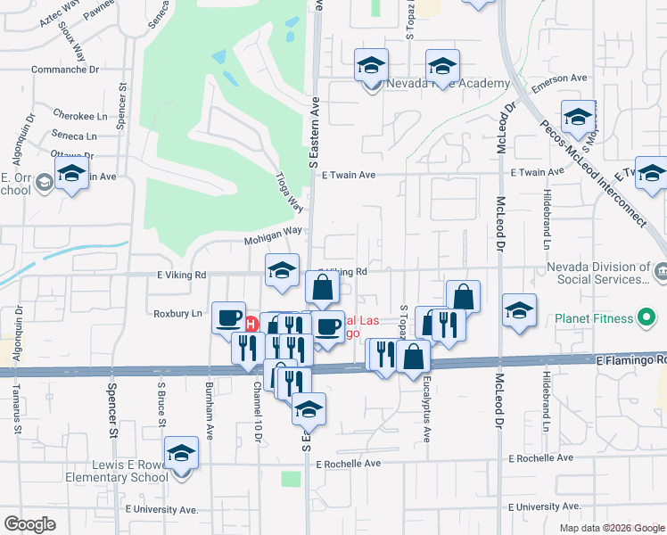 map of restaurants, bars, coffee shops, grocery stores, and more near 2451 Domingo Street in Las Vegas