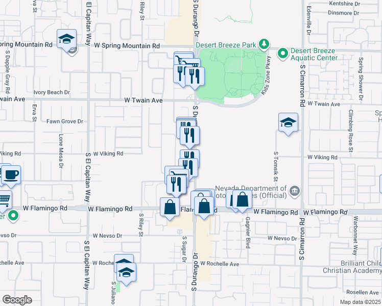 map of restaurants, bars, coffee shops, grocery stores, and more near 3955 South Durango Drive in Las Vegas