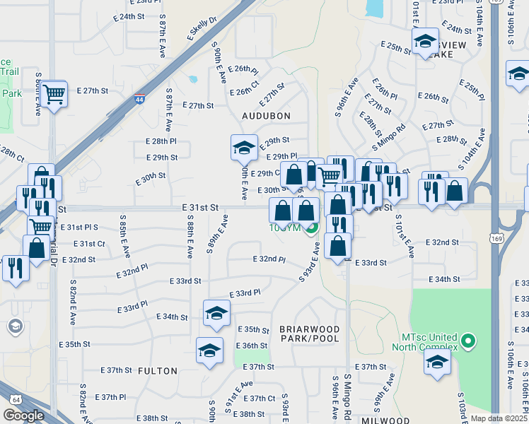 map of restaurants, bars, coffee shops, grocery stores, and more near 9026 East 31st Street in Tulsa