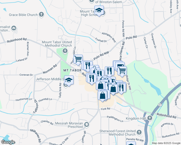map of restaurants, bars, coffee shops, grocery stores, and more near 3447 Robinhood Road in Winston-Salem
