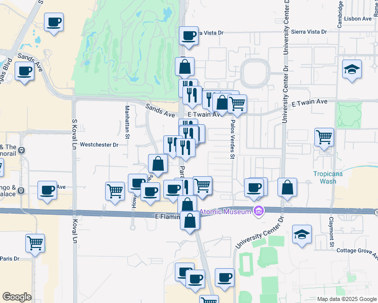 map of restaurants, bars, coffee shops, grocery stores, and more near 3903 South Paradise Road in Las Vegas