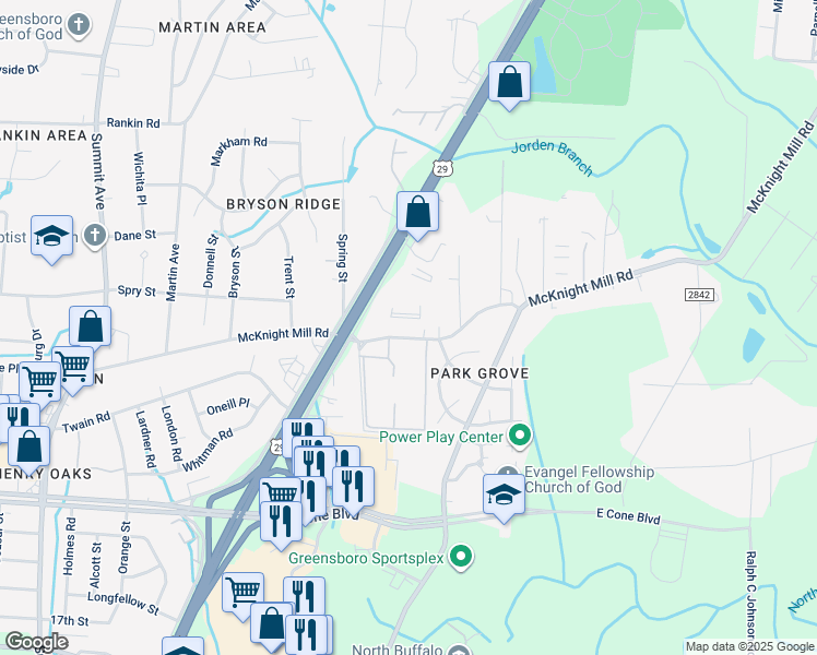map of restaurants, bars, coffee shops, grocery stores, and more near 1815 McKnight Mill Road in Greensboro
