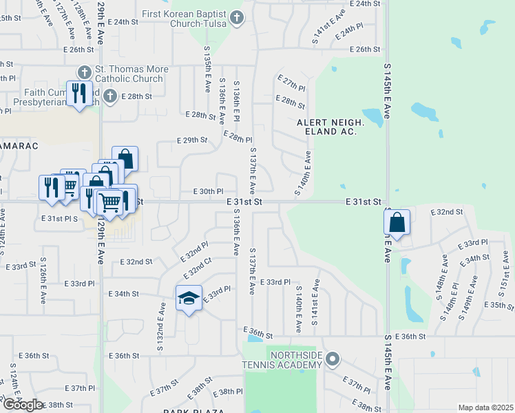 map of restaurants, bars, coffee shops, grocery stores, and more near 13723 East 31st Place South in Tulsa