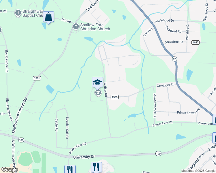 map of restaurants, bars, coffee shops, grocery stores, and more near 731 Walker Road in Elon