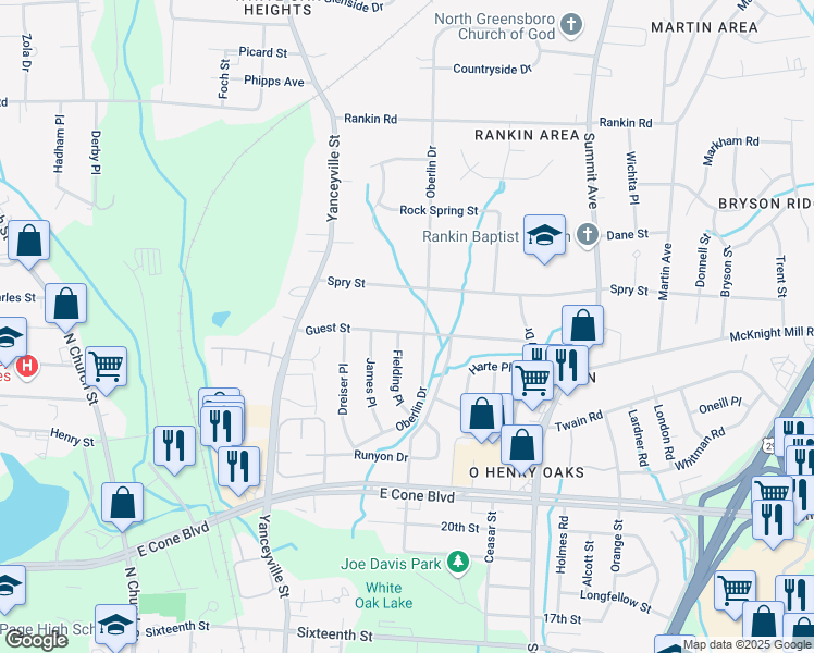 map of restaurants, bars, coffee shops, grocery stores, and more near 1321 Guest Street in Greensboro