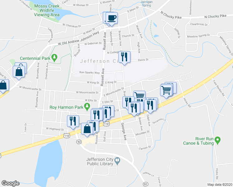 map of restaurants, bars, coffee shops, grocery stores, and more near 1511 George Avenue in Jefferson City