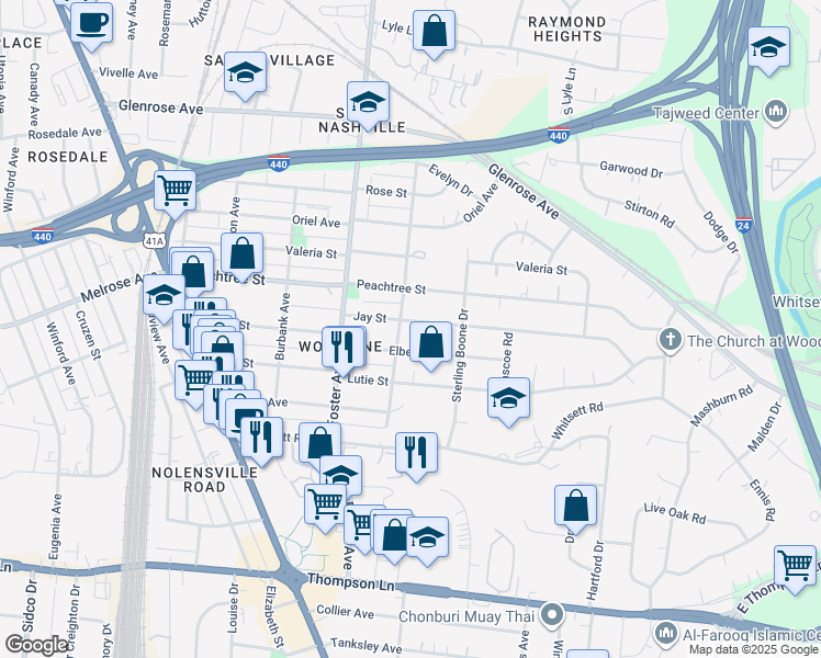 map of restaurants, bars, coffee shops, grocery stores, and more near 97 Jay Street in Nashville