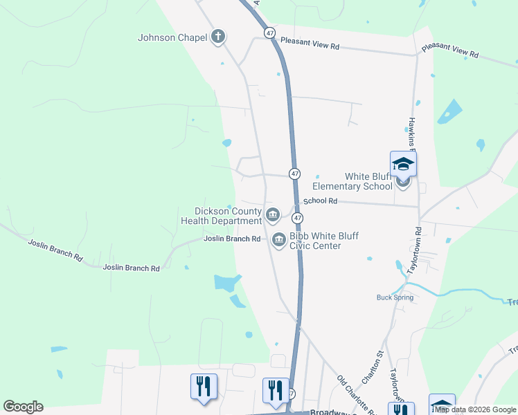 map of restaurants, bars, coffee shops, grocery stores, and more near 1107 Old Charlotte Road in White Bluff