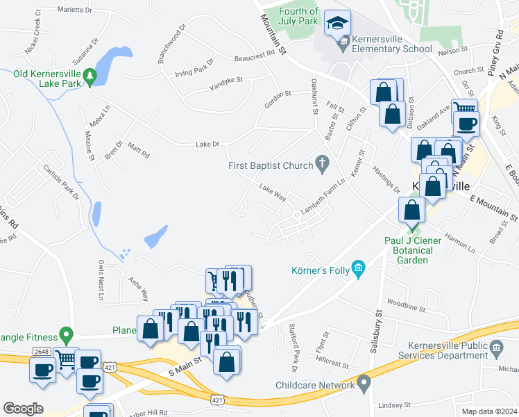 map of restaurants, bars, coffee shops, grocery stores, and more near 115 Tilleys Grove Drive in Kernersville