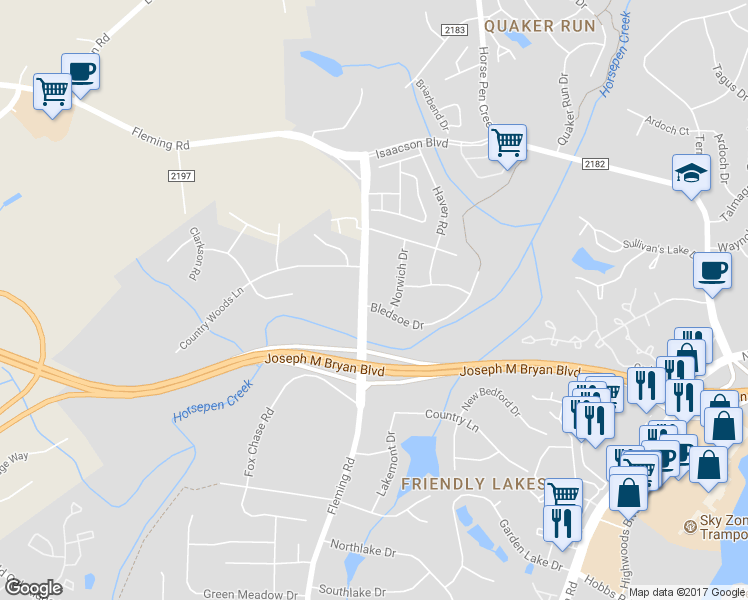 map of restaurants, bars, coffee shops, grocery stores, and more near 1904 Fleming Road in Greensboro