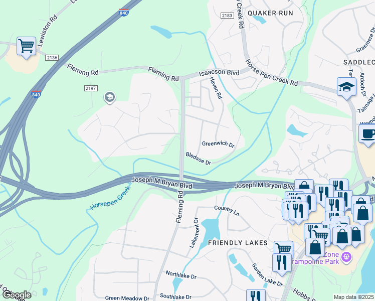 map of restaurants, bars, coffee shops, grocery stores, and more near 1904 Fleming Road in Greensboro