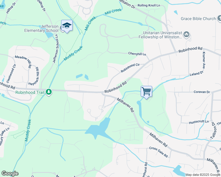 map of restaurants, bars, coffee shops, grocery stores, and more near 78 Robinhood Circle in Winston-Salem