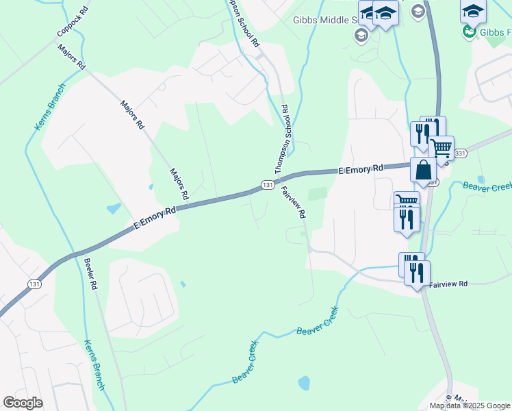 map of restaurants, bars, coffee shops, grocery stores, and more near 7442 Quail Creek Lane in Corryton
