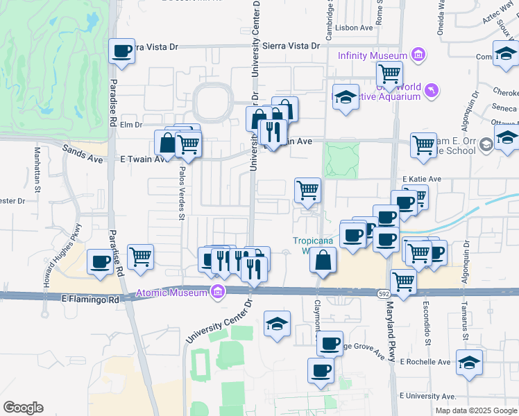 map of restaurants, bars, coffee shops, grocery stores, and more near 3896 South University Center Drive in Las Vegas