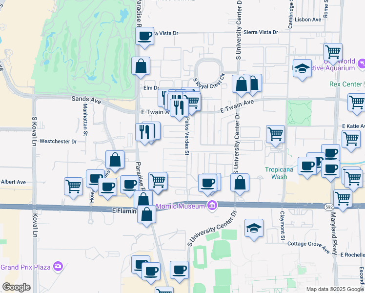map of restaurants, bars, coffee shops, grocery stores, and more near 3892 Palos Verdes Street in Las Vegas