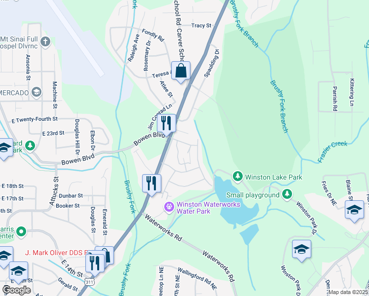 map of restaurants, bars, coffee shops, grocery stores, and more near 301 Walkertown Avenue in Winston-Salem