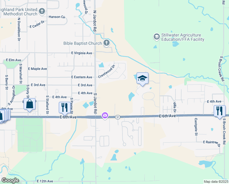 map of restaurants, bars, coffee shops, grocery stores, and more near 519 South Jardot Road in Stillwater