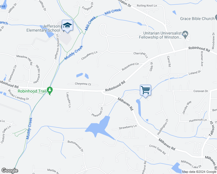 map of restaurants, bars, coffee shops, grocery stores, and more near 78 Robinhood Circle in Winston-Salem