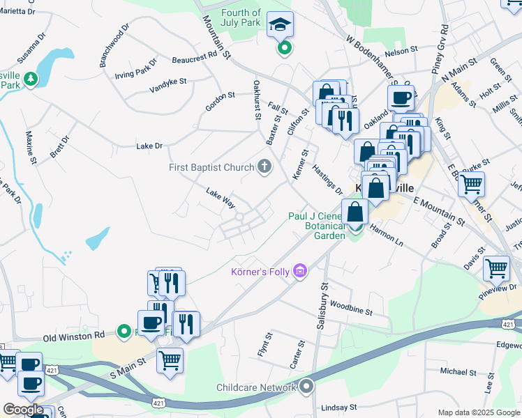 map of restaurants, bars, coffee shops, grocery stores, and more near 2111 Lambeth Farm Lane in Kernersville