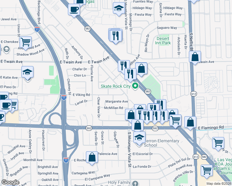 map of restaurants, bars, coffee shops, grocery stores, and more near 4527 East Viking Road in Las Vegas