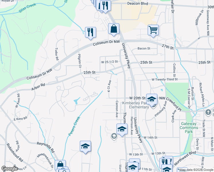 map of restaurants, bars, coffee shops, grocery stores, and more near 2035 K Court Avenue in Winston-Salem