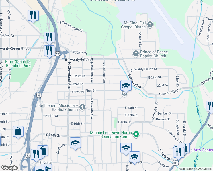 map of restaurants, bars, coffee shops, grocery stores, and more near 1613 Northeast Ashley School Circle in Winston-Salem