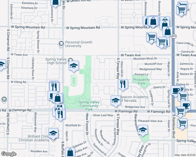 map of restaurants, bars, coffee shops, grocery stores, and more near 3869 Spruceview Court in Las Vegas