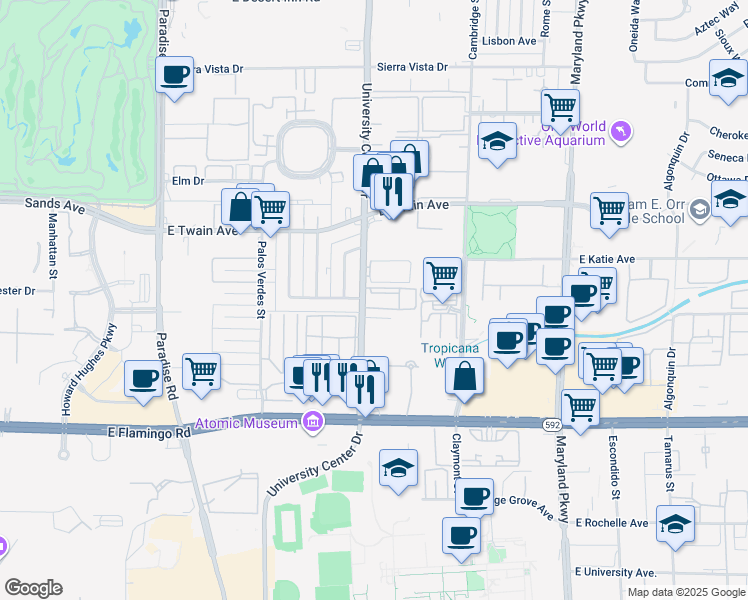 map of restaurants, bars, coffee shops, grocery stores, and more near 3896 South University Center Drive in Las Vegas