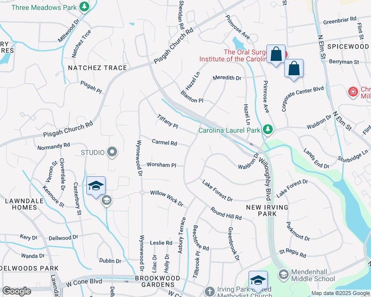 map of restaurants, bars, coffee shops, grocery stores, and more near 3409 Round Hill Road in Greensboro