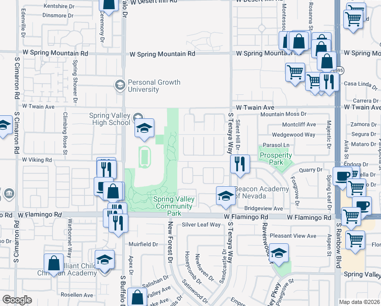 map of restaurants, bars, coffee shops, grocery stores, and more near 3869 Spruceview Court in Las Vegas