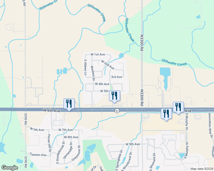 map of restaurants, bars, coffee shops, grocery stores, and more near 5108 West 5th Avenue in Stillwater
