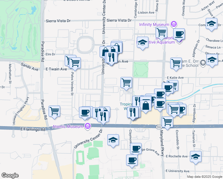 map of restaurants, bars, coffee shops, grocery stores, and more near 3896 South University Center Drive in Las Vegas