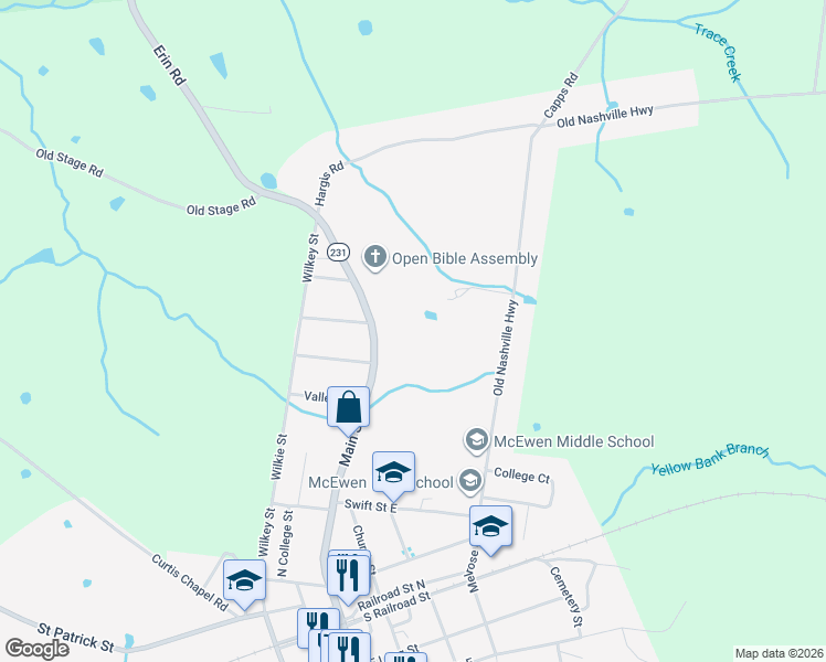 map of restaurants, bars, coffee shops, grocery stores, and more near 820 Main Street in McEwen