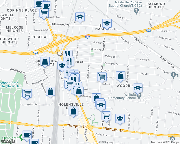 map of restaurants, bars, coffee shops, grocery stores, and more near 228 Elberta Street in Nashville
