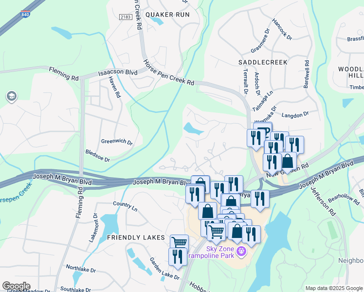 map of restaurants, bars, coffee shops, grocery stores, and more near 4445 Carly's Way in Greensboro