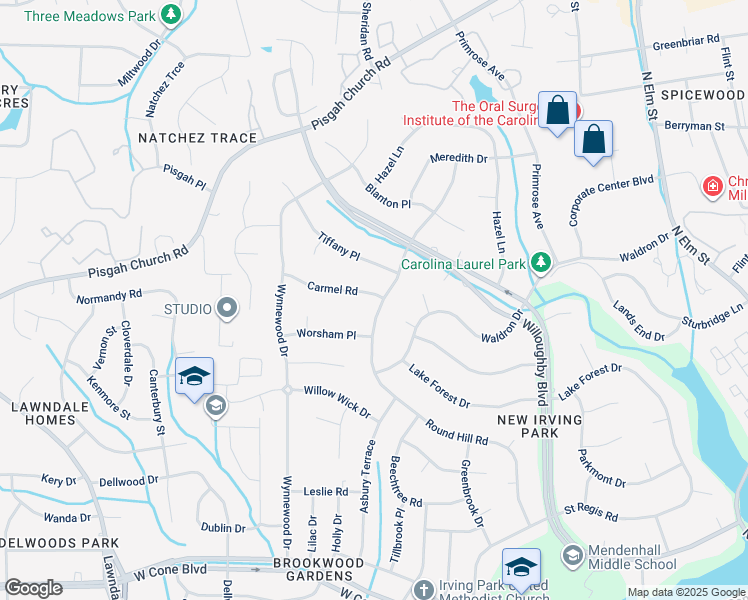 map of restaurants, bars, coffee shops, grocery stores, and more near 3409 Round Hill Road in Greensboro