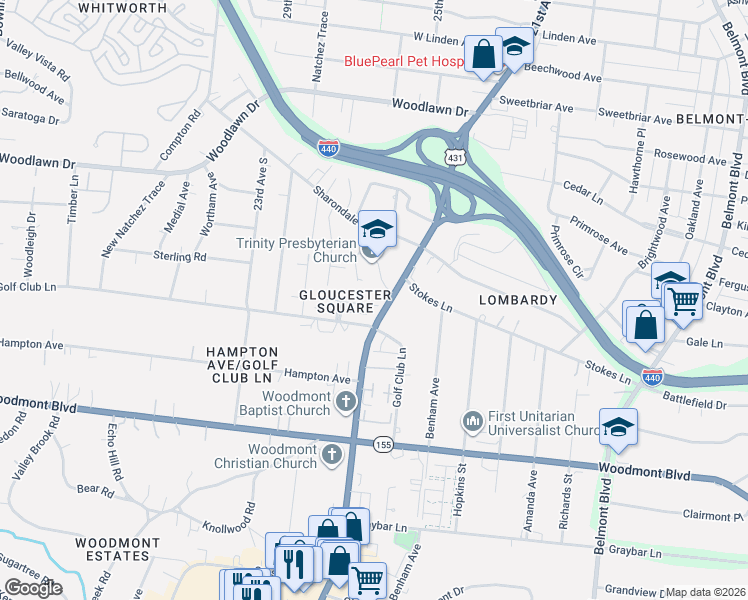 map of restaurants, bars, coffee shops, grocery stores, and more near 2122 Golf Club Lane in Nashville