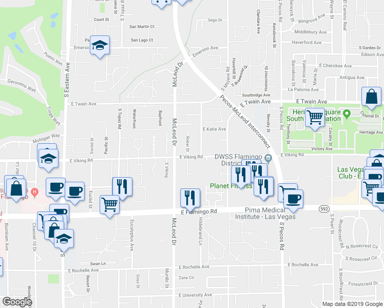 map of restaurants, bars, coffee shops, grocery stores, and more near 3890 Robar Street in Las Vegas