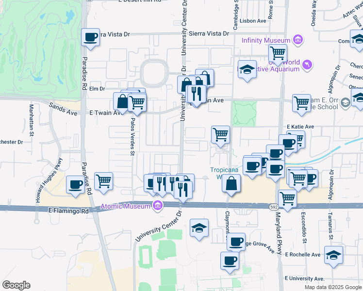 map of restaurants, bars, coffee shops, grocery stores, and more near 3896 South University Center Drive in Las Vegas