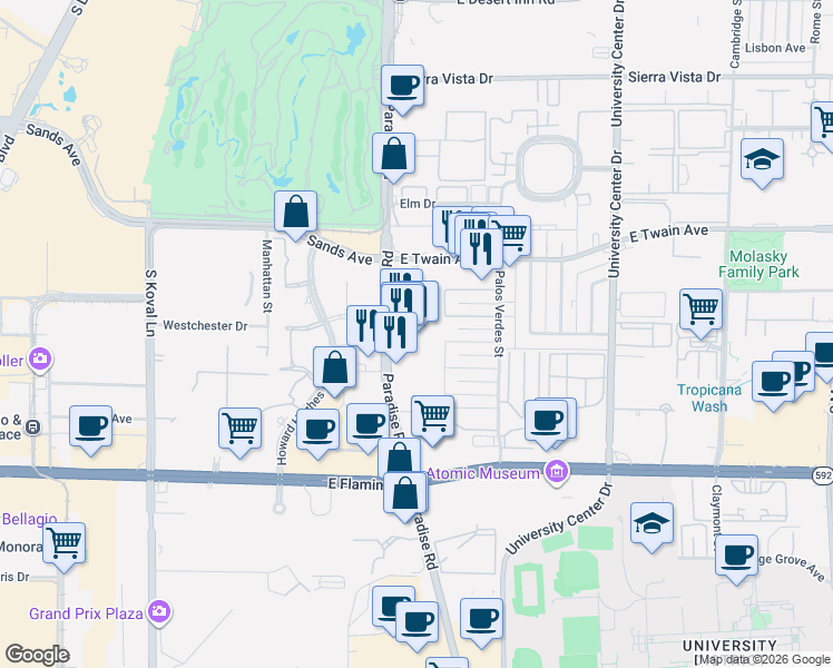 map of restaurants, bars, coffee shops, grocery stores, and more near 401 - 499 Centerama Cir in Las Vegas