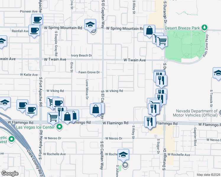 map of restaurants, bars, coffee shops, grocery stores, and more near 8953 West Viking Road in Las Vegas