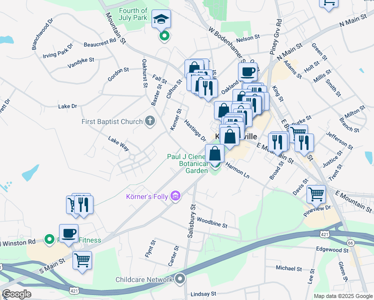 map of restaurants, bars, coffee shops, grocery stores, and more near 208 Oakhurst Street in Kernersville